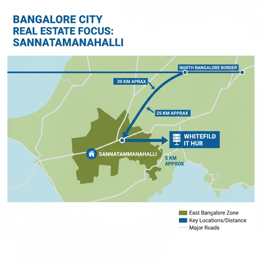 Infographic map showing Sannatammanahalli location in East Bangalore with proximity to Whitefield IT Hub and North Bangalore border markers