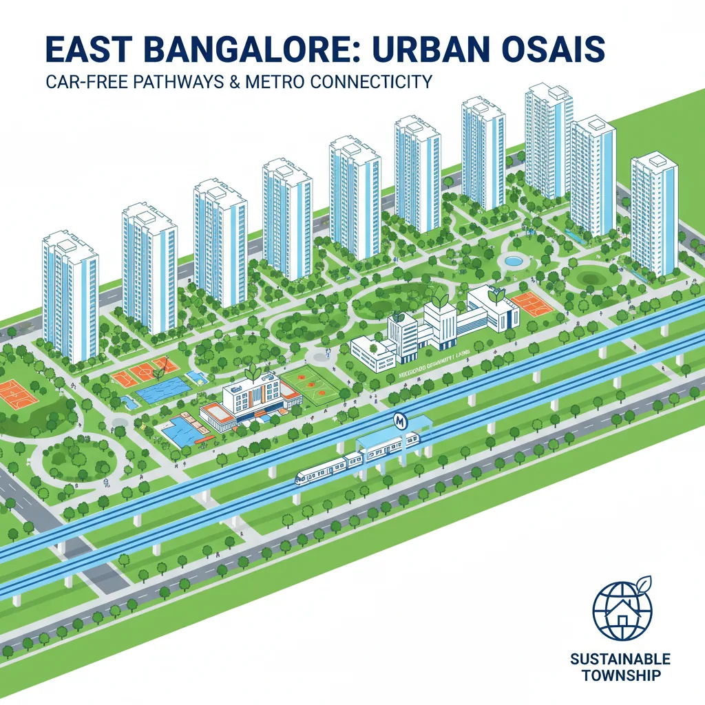 Modern residential township aerial view with lush green parks and high-rise towers in Sannatammanahalli, East Bangalore
