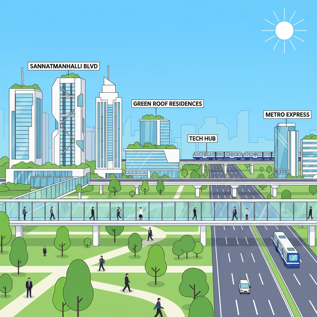 Modern urban landscape of Sannatammanahalli showing high-rise residential towers with green rooftop gardens, metro connectivity, and contemporary city infrastructure