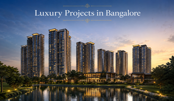 Modern residential apartment complex in Bangalore with premium high-rise towers, lush gardens, and contemporary architecture