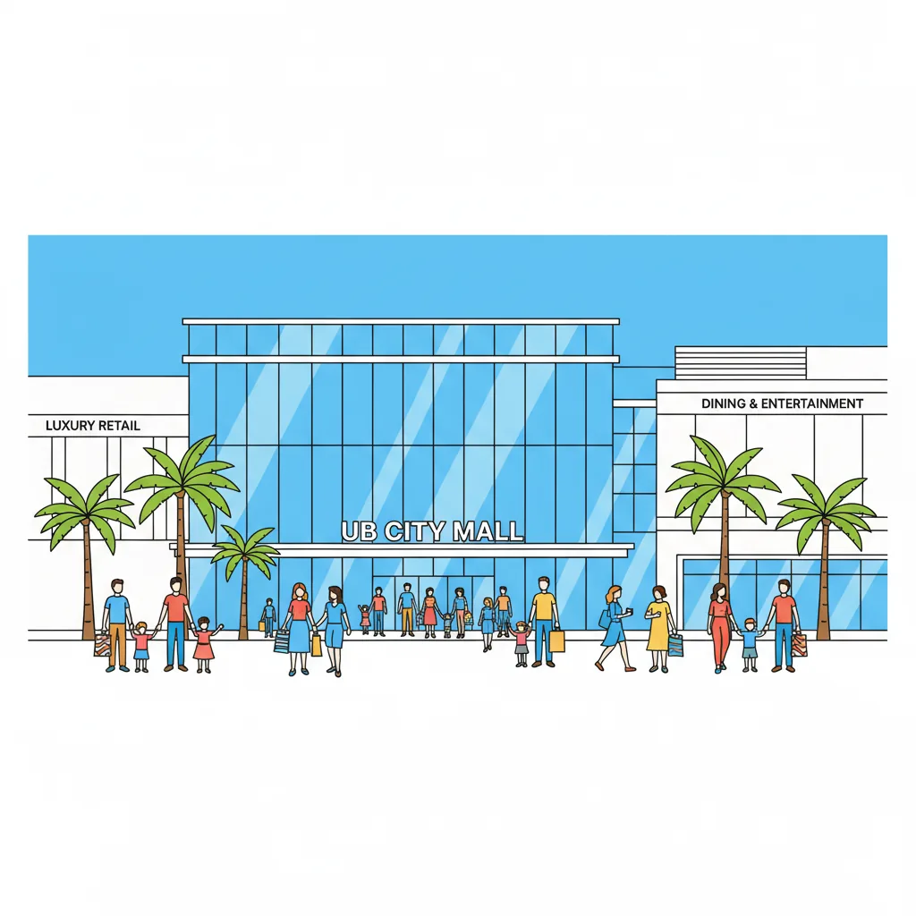 Modern shopping mall exterior in Bangalore with families shopping, contemporary architecture and vibrant atmosphere