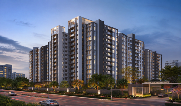 Modern residential apartment complex in Bangalore with premium high-rise towers, lush gardens, and contemporary architecture