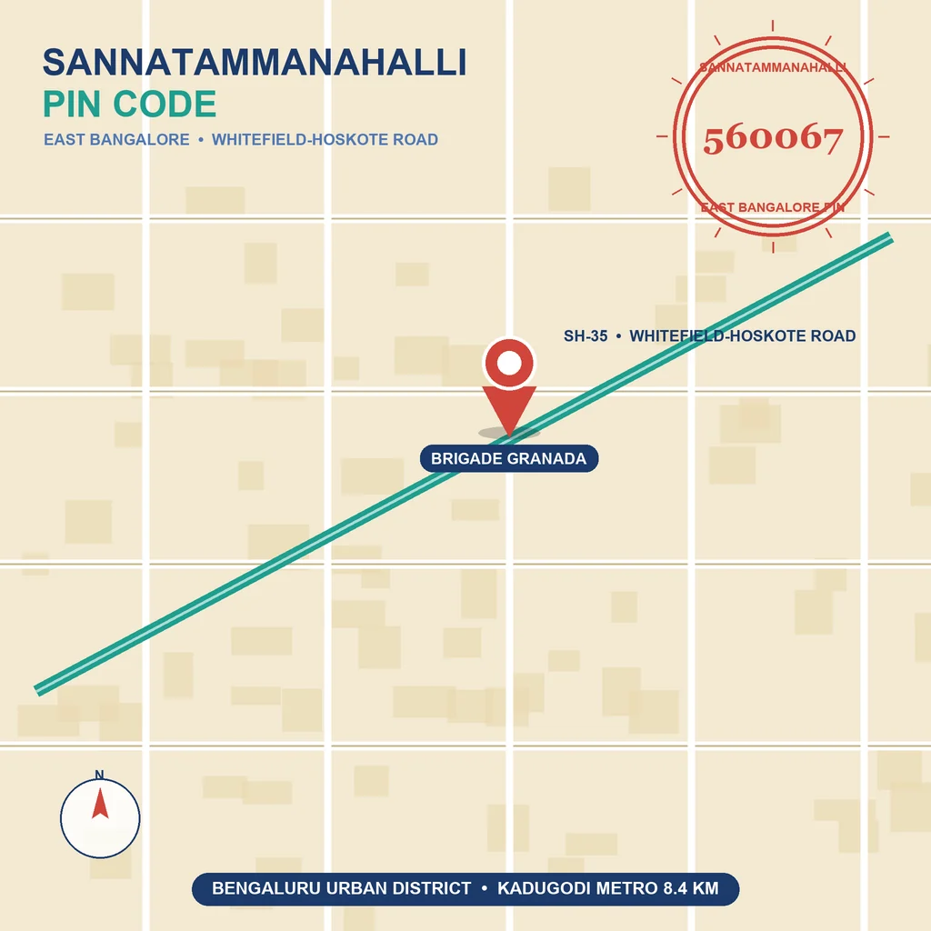 Sannatammanahalli PIN Code 560067: illustration of a postal map pin marking Sannatammanahalli on the Whitefield-Hoskote Road in East Bangalore.