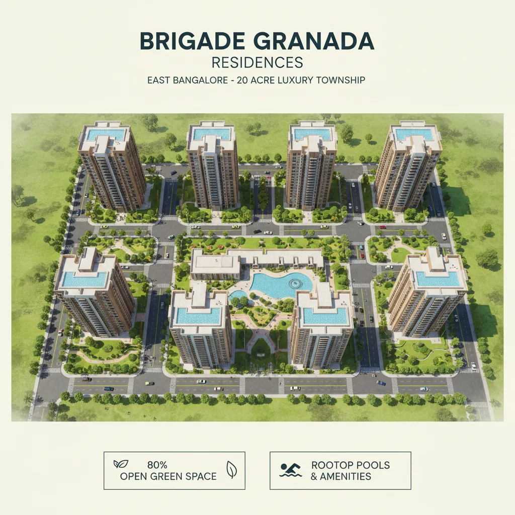 Modern luxury residential township aerial view with green parks and high-rise towers, Brigade Granada style architecture, East Bangalore location