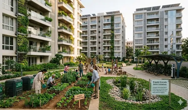 Brigade Granada sustainability features 2026 showing 80 percent open space native tree plantation solar common area lighting and zero power STP water recycling Bangalore