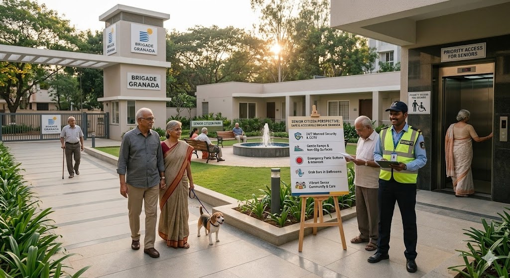Senior citizen friendly features at Brigade Granada 2026 showing anti-skid flooring emergency call buttons dedicated elderly parks and wheelchair accessible ramps Bangalore