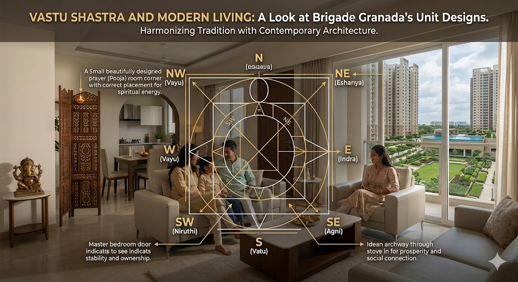 Brigade Granada Vastu compliant apartment floor plans 2026 showing East and North facing entries kitchen placement according to Agni corner and master bedroom in South West