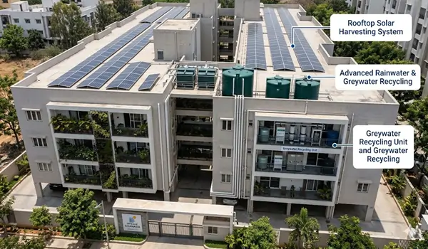 An infographic illustrating the advanced water recycling and solar harvesting infrastructure that powers zero-waste living at Brigade Granada