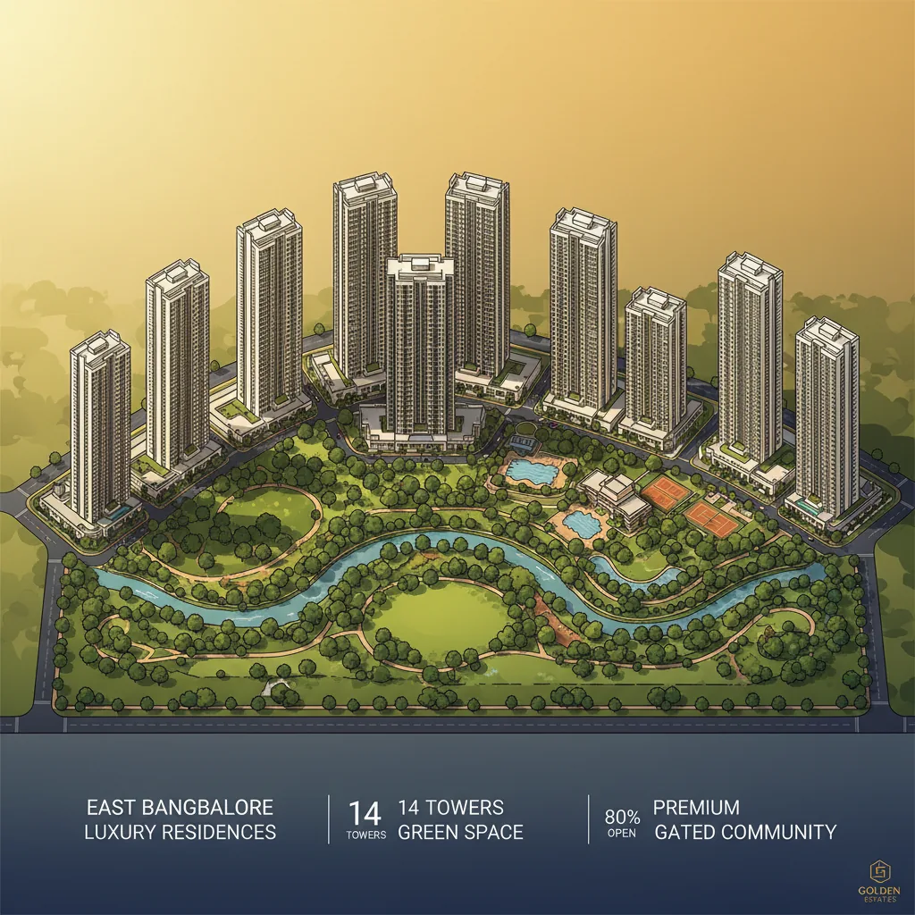 Luxury apartment complex with 14 towers surrounded by lush greenery in East Bangalore