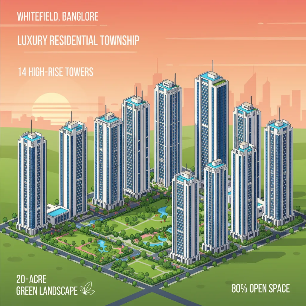 Modern luxury residential township aerial view of Brigade Granada on Whitefield-Hoskote Road with 14 towers and green landscape