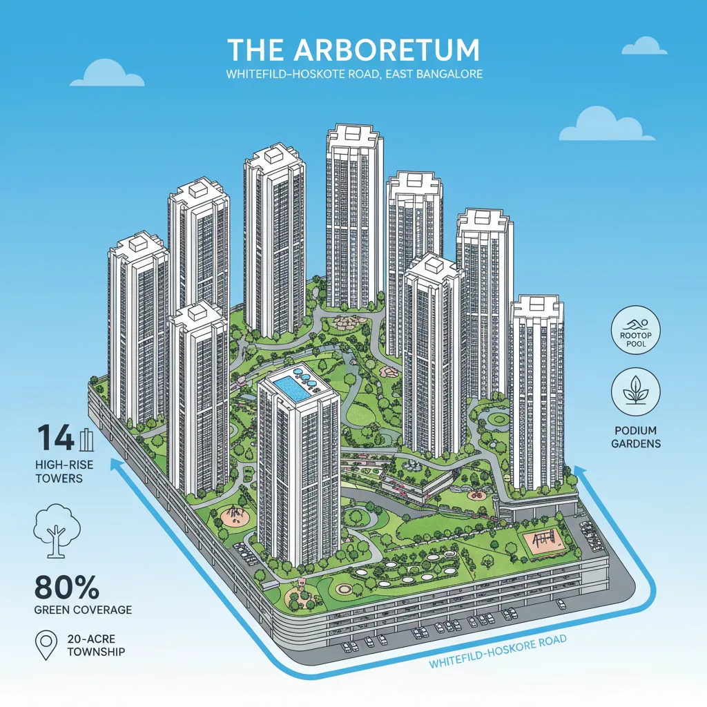 Modern luxury residential apartment complex with 14 high-rise towers and lush green landscape at Brigade Granada on Whitefield-Hoskote Road, East Bangalore