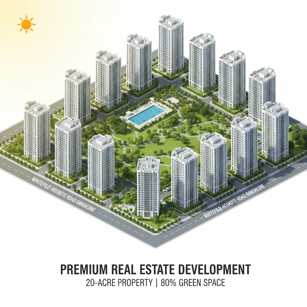 Aerial view of Brigade Granada luxury township with 14 towers, green parks, and rooftop swimming pool on Whitefield-Hoskote Road
