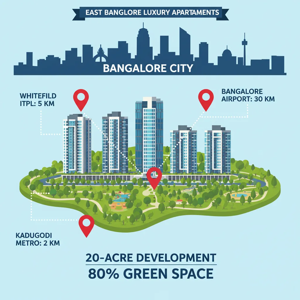 Brigade Granada Location & Distance Guide - Modern residential apartment towers in East Bangalore with location connectivity infographic