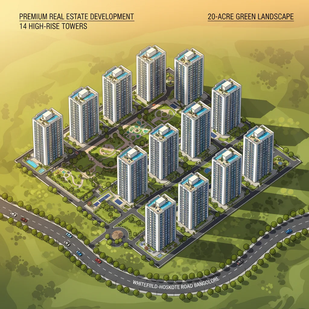 Aerial view of Brigade Granada luxury residential township with 14 high-rise towers on 20-acre green landscape in Sannatammanahalli, East Bangalore