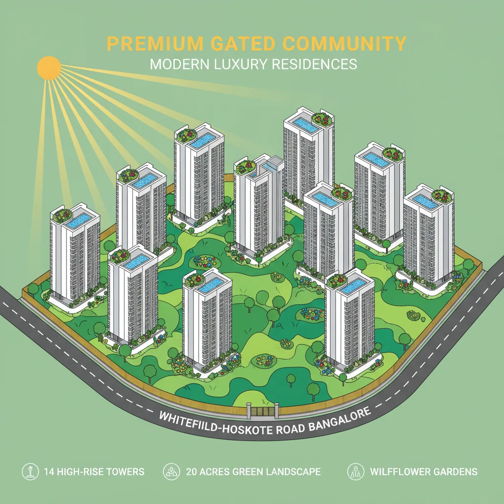 Modern luxury residential apartment complex with 14 high-rise towers on 20 acres of lush green landscape at Brigade Granada East Bangalore