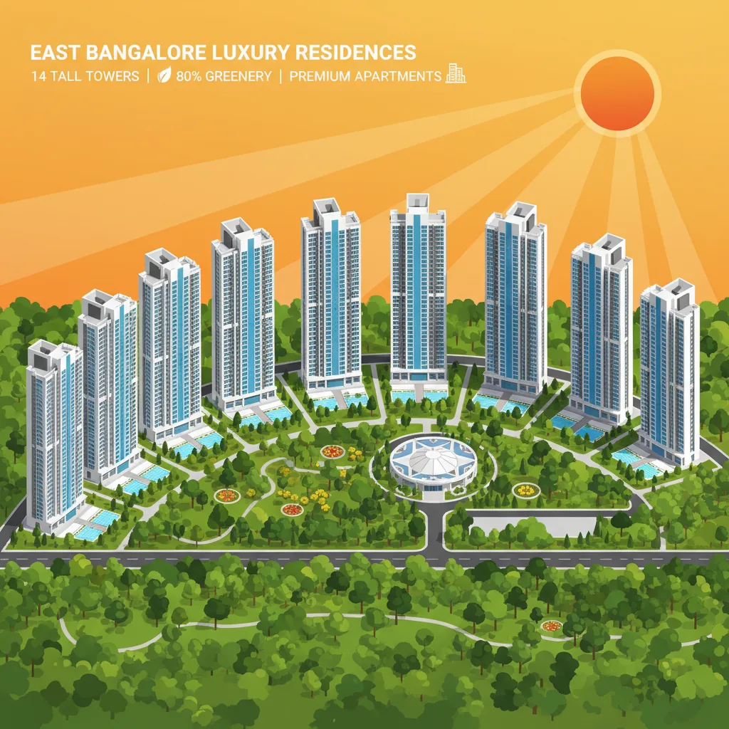 Modern luxury residential township aerial view - Brigade Granada 14 towers with 80% green spaces in East Bangalore
