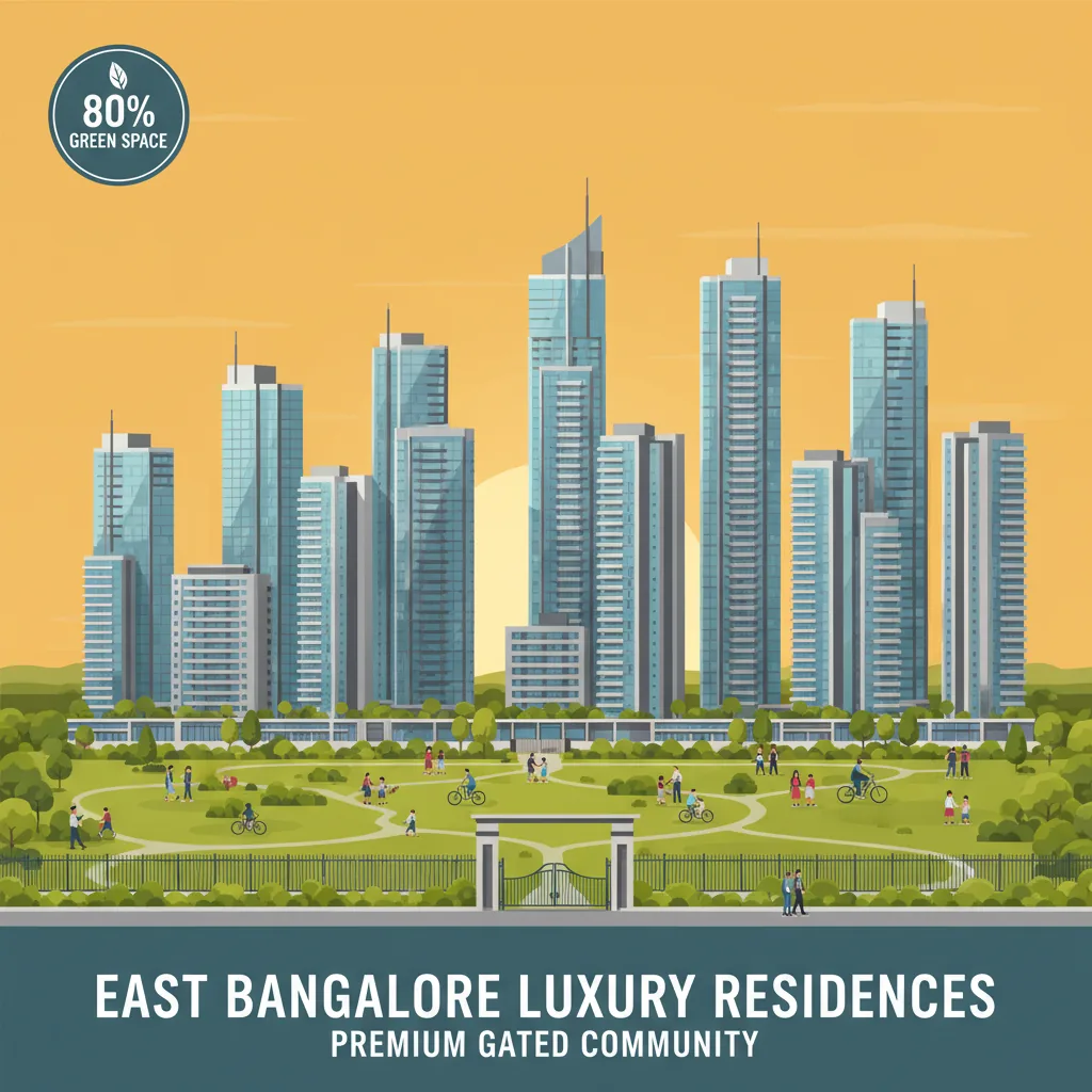 Modern luxury high-rise residential apartment towers in East Bangalore at sunset, surrounded by lush green parks and landscaped gardens