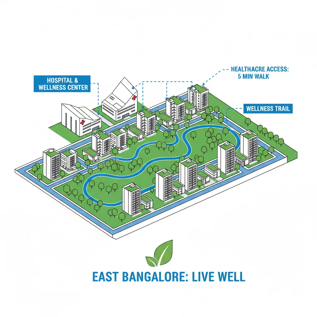 Modern residential township aerial view with green landscaping and hospital buildings in background, infographic style showing healthcare proximity