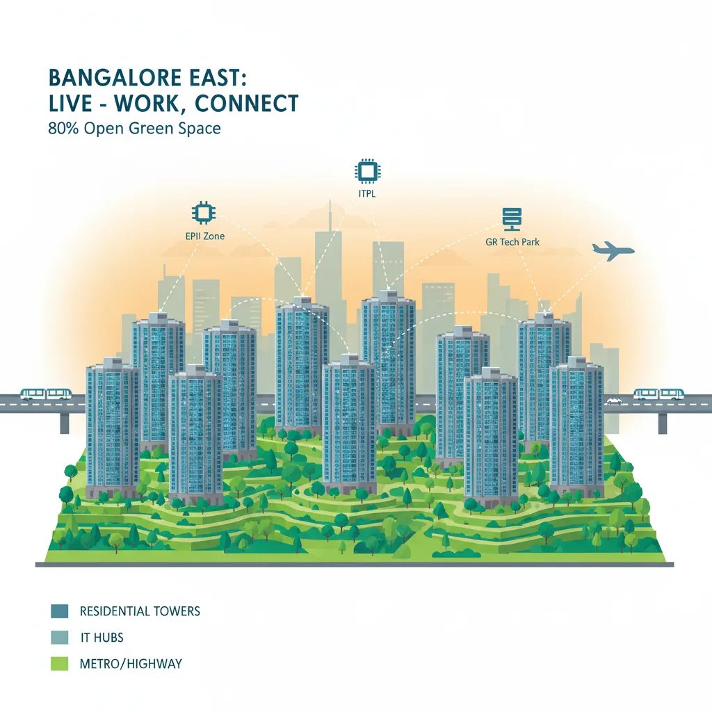 Modern residential apartment towers at Brigade Granada with East Bangalore IT corridor skyline in the background