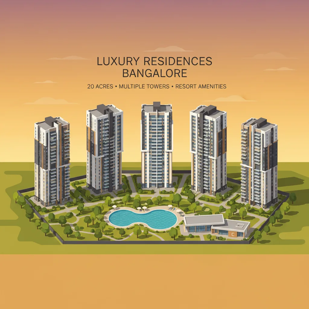 Modern luxury residential apartment complex in Bangalore with multiple towers, green landscape, swimming pool, and clubhouse