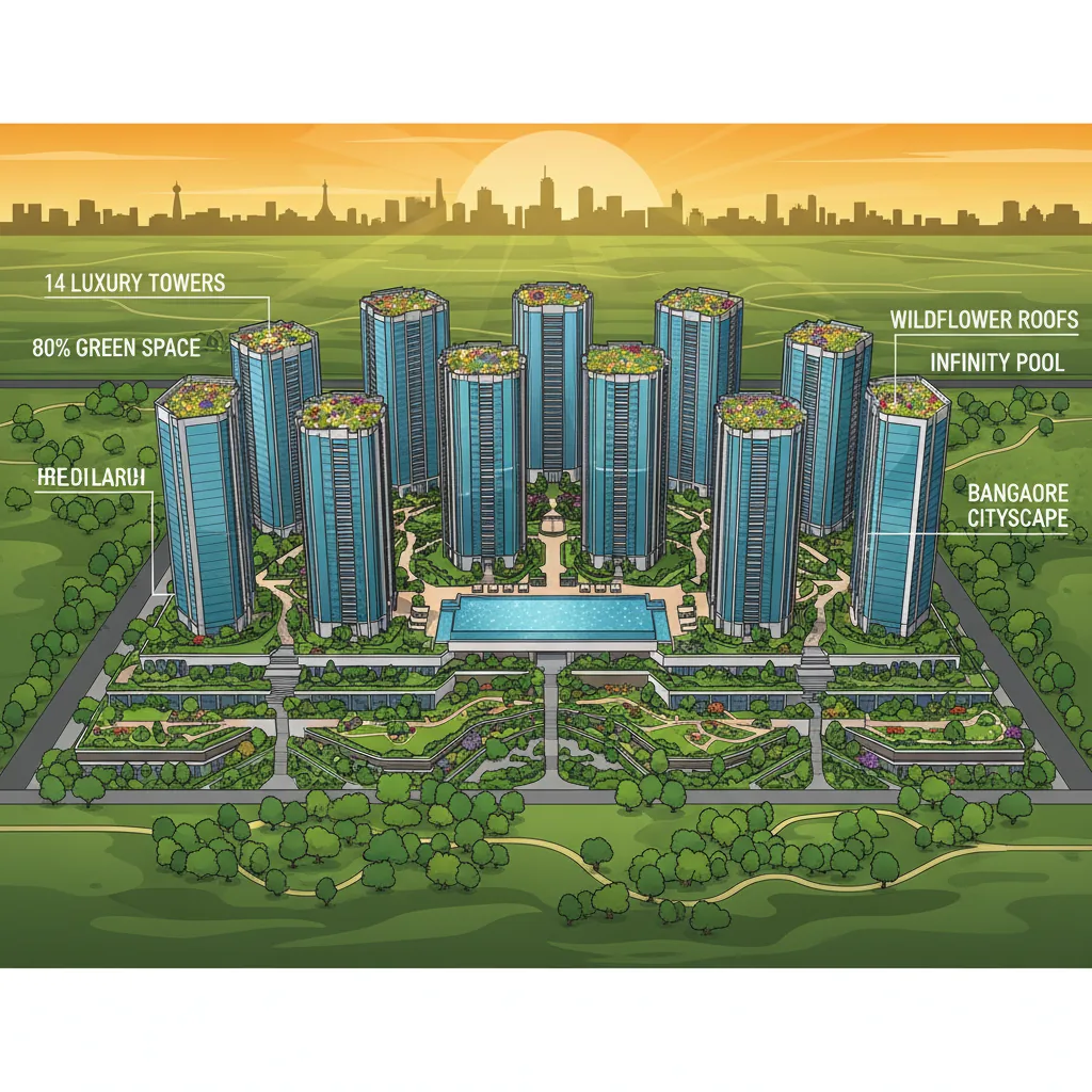 Modern luxury residential township aerial view, 14 high-rise towers with glass facades surrounded by lush green gardens and parks