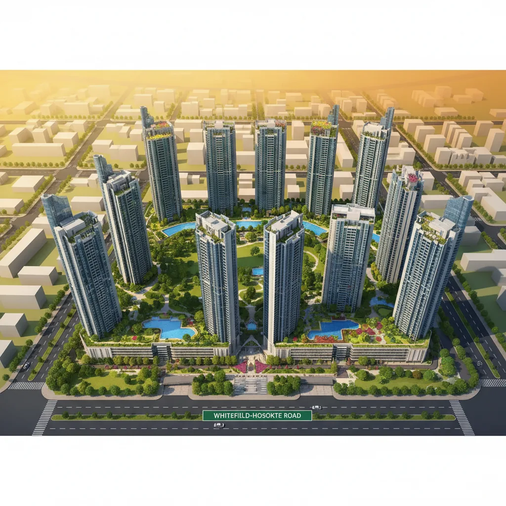 Aerial view of Brigade Granada luxury residential complex with 14 towers, lush green gardens, and rooftop amenities on Whitefield-Hoskote Road