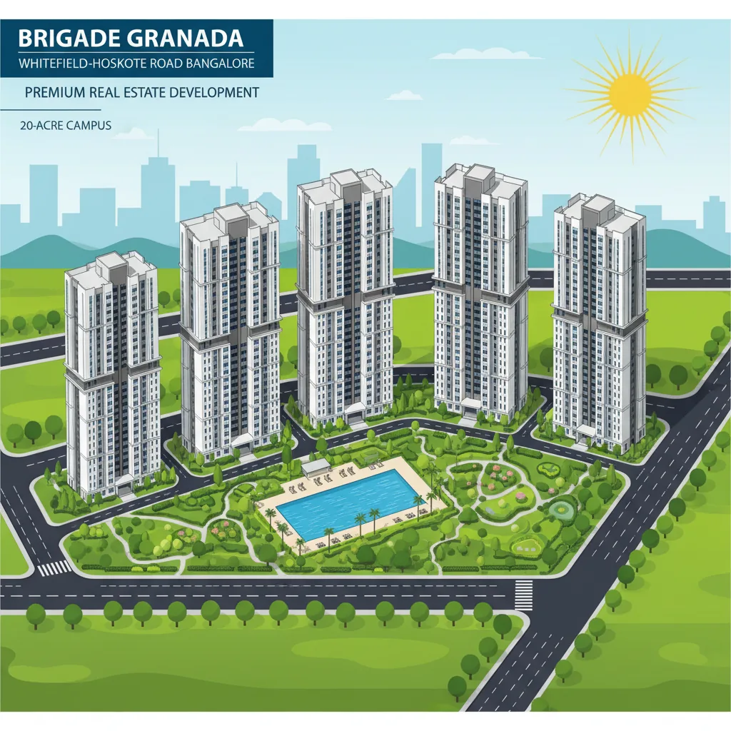 Aerial view of Brigade Granada luxury residential towers on Whitefield-Hoskote Road with green landscaped gardens and modern architecture