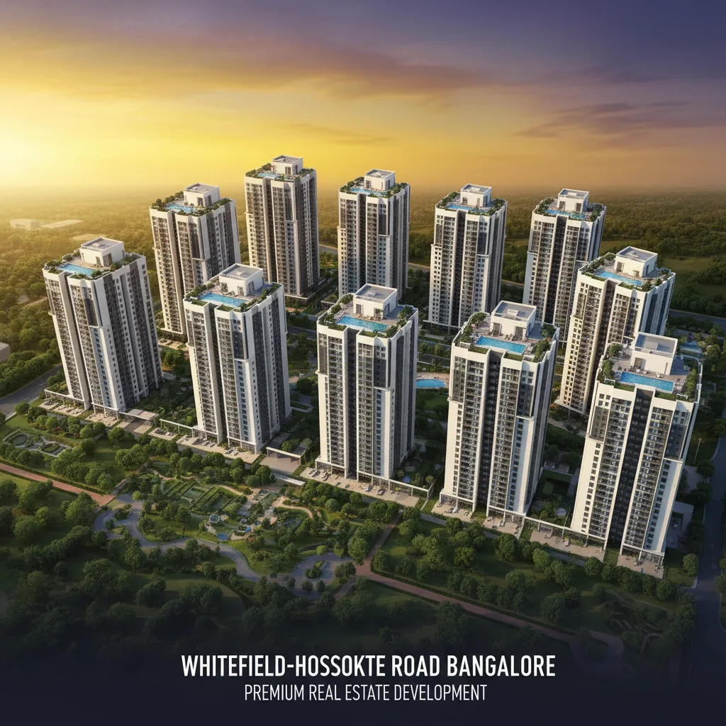 Modern luxury residential apartment complex aerial view, 14 high-rise towers on 20-acre lush green township, Whitefield-Hoskote Road Bangalore