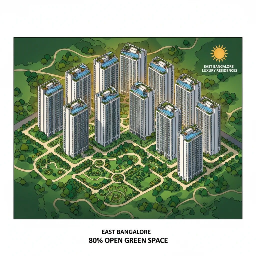 Aerial view of Brigade Granada luxury residential towers with lush green landscape in East Bangalore