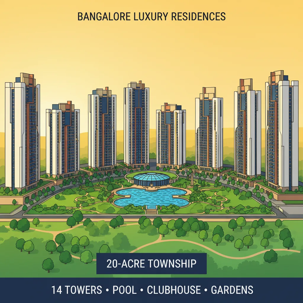 Modern luxury residential apartment towers in Bangalore at Brigade Granada, featuring 14 high-rise buildings with lush gardens and landscaped parks